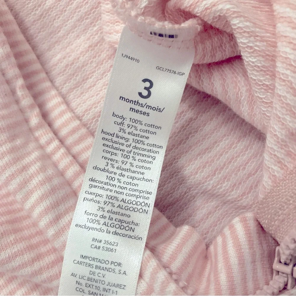 Carter’s‎ 3M Pink Striped Hooded One-Piece With Heart Knee Patches Cotton